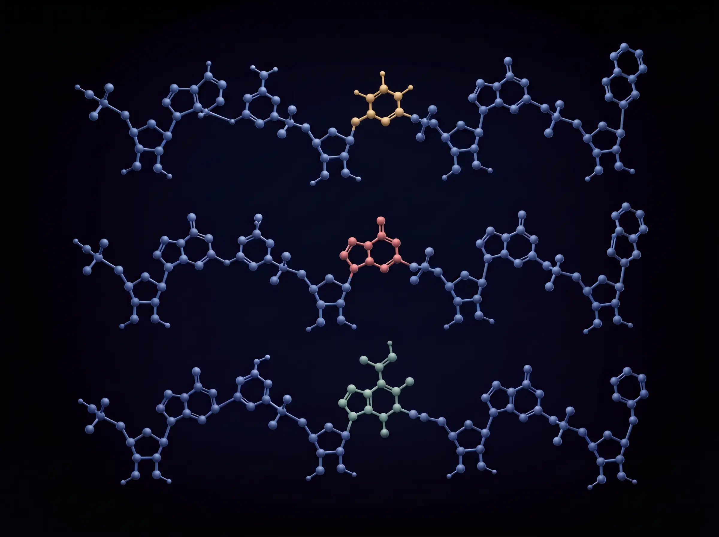 Three molecular strands with a compact gold ring, a fused coral double ring and a branched green group at the same sequence position.